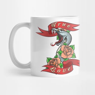 Tattoo of Snake in Rose flowers and lettering True love Mug